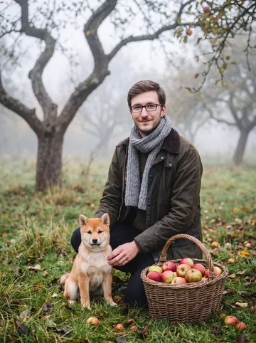 Misty orchard sample: a man with glasses and his shiba inu puppy