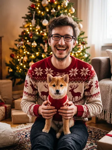 Matching jumpers sample: a man with glasses and his shiba inu puppy