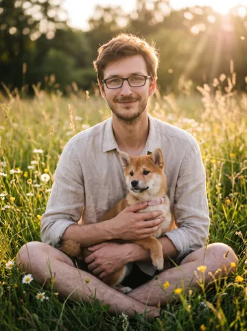 Golden hour sample: a man with glasses and his shiba inu puppy