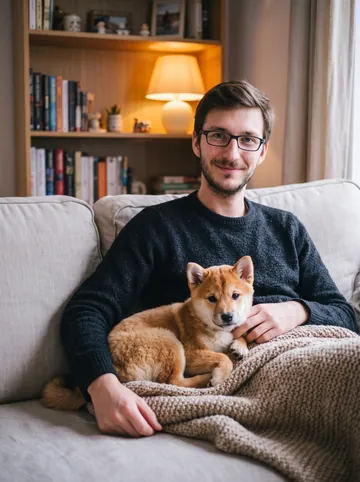 Sofa afternoon sample: a man with glasses and his shiba inu puppy