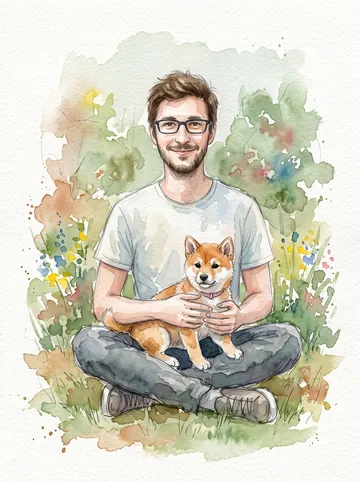 Watercolour sample: a man with glasses and his shiba inu puppy