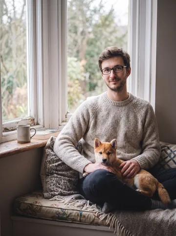 Window seat sample: a man with glasses and his shiba inu puppy