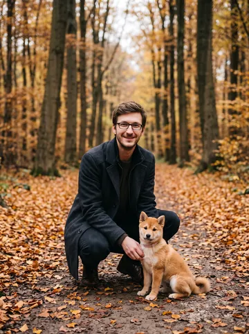 Woodland walk sample: a man with glasses and his shiba inu puppy