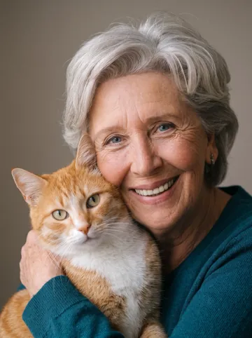 Best mates sample: an older woman with short grey hair and her ginger cat