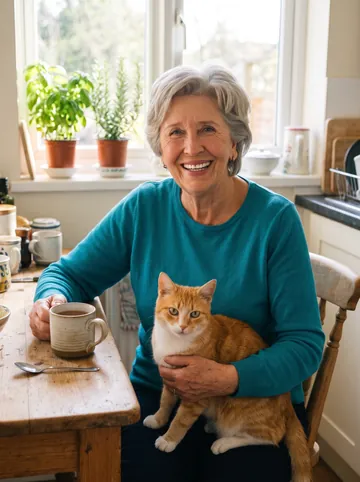 Weekend kitchen sample: an older woman with short grey hair and her ginger cat