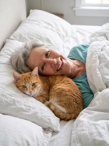 Lazy lie-in sample: an older woman with short grey hair and her ginger cat