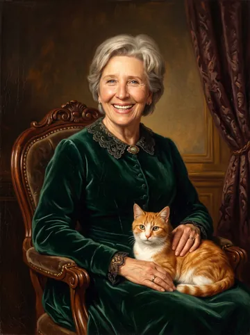 Oil painting sample: an older woman with short grey hair and her ginger cat