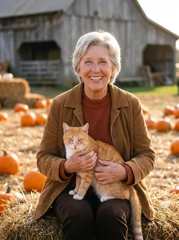 Pumpkin patch sample: an older woman with short grey hair and her ginger cat