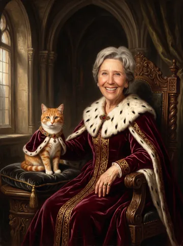 Royal portrait sample: an older woman with short grey hair and her ginger cat
