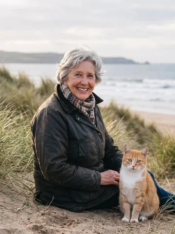 At the seaside sample: an older woman with short grey hair and her ginger cat
