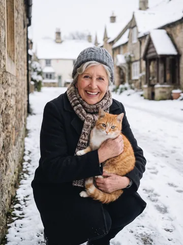 Snow day sample: an older woman with short grey hair and her ginger cat