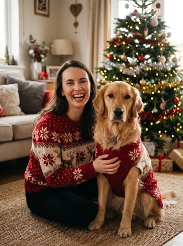 Matching jumpers sample: a woman with long brown hair and her golden retriever