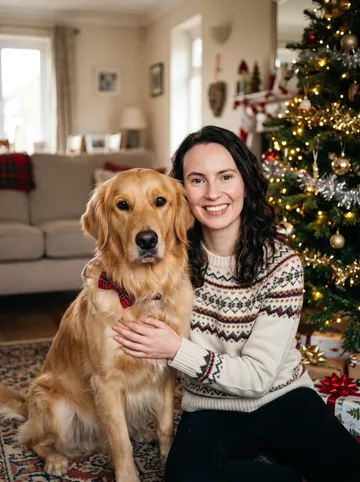 Christmas morning sample: a woman with long brown hair and her golden retriever