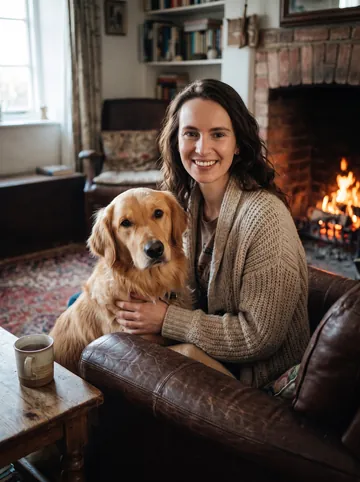 By the fire sample: a woman with long brown hair and her golden retriever