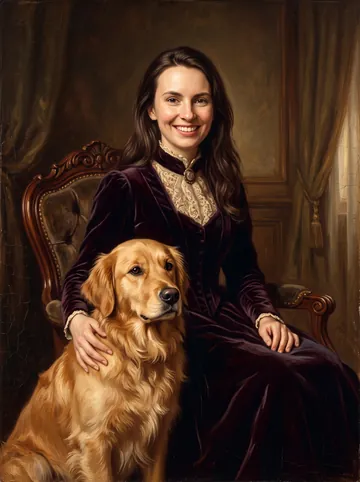 Oil painting sample: a woman with long brown hair and her golden retriever