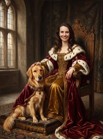 Royal portrait sample: a woman with long brown hair and her golden retriever