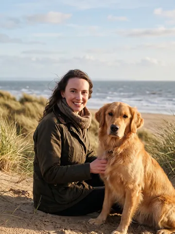 At the seaside sample: a woman with long brown hair and her golden retriever
