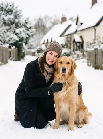 Snow day sample: a woman with long brown hair and her golden retriever