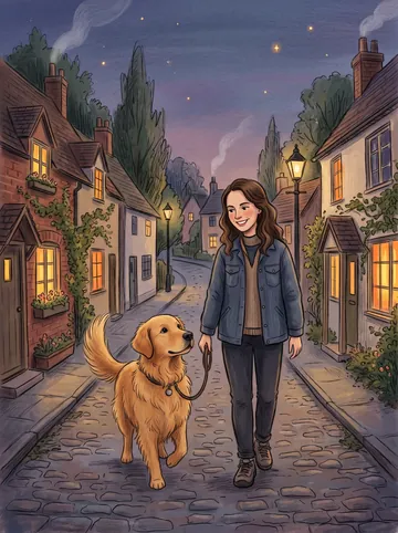 Storybook sample: a woman with long brown hair and her golden retriever