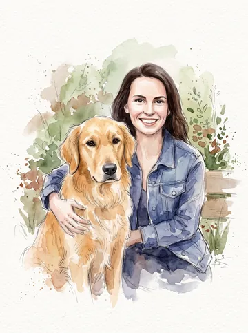 Watercolour sample: a woman with long brown hair and her golden retriever